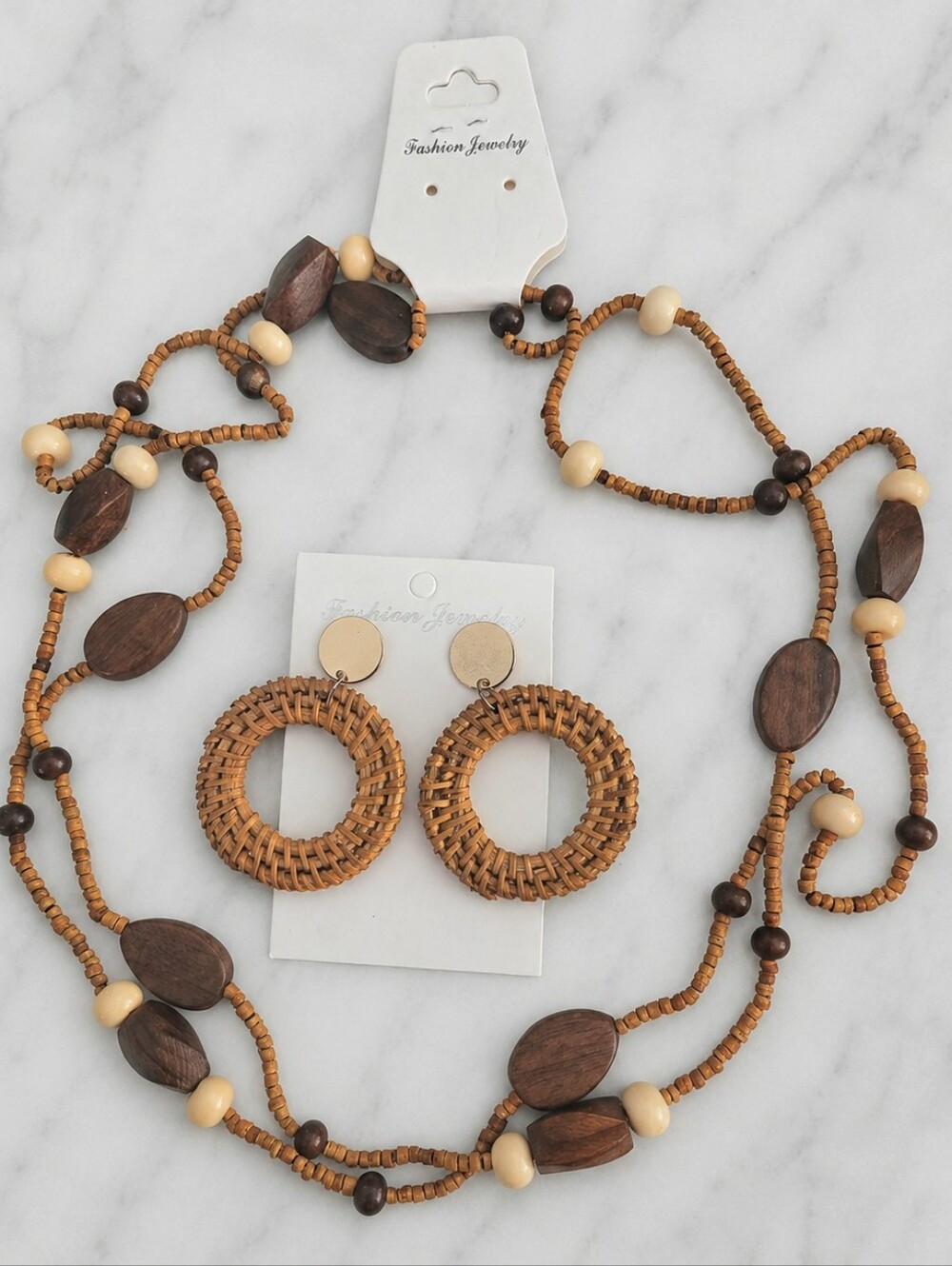 NWT Boho Wood Bead Layered Necklace Rattan Hoop Earrings Set Earthy